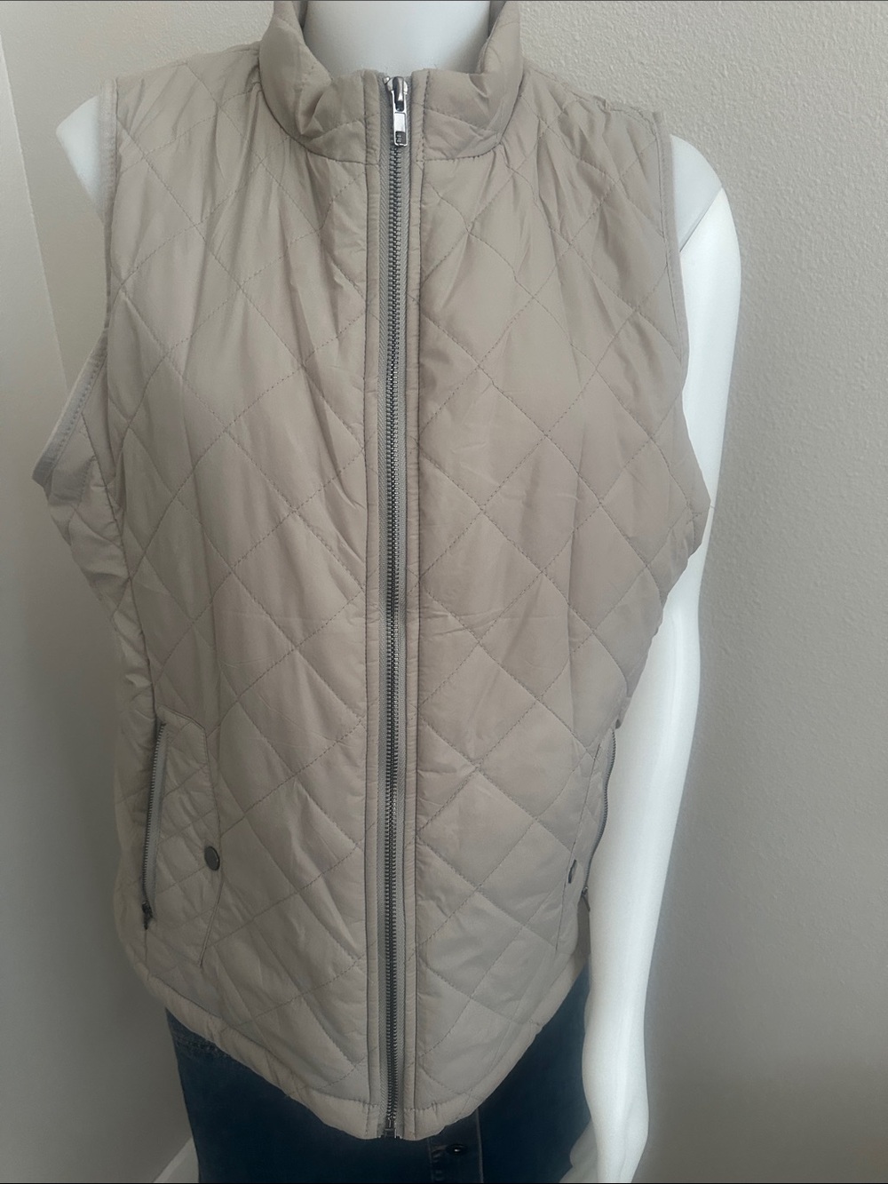 Quilted Sleeveless Zip Front Vest - Beige